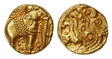 Gangas of Talkad, Gold, Elephant Pagoda , an ornate elephant standing to right with Kannad