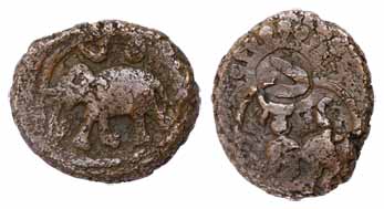 Vijayanagar Empire, Sangam dynasty, Copper, 7.82 g, an elephant running to left on obv, a 