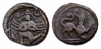 Vijayanagar Empire, Sangam dynasty, Copper, 9.67 g, a winged Garuda kneeling to left on ob