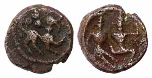 Vijayanagar&nbsp; Empire, Copper, 6.38 g, a lion running to right on obv, a couple seated,
