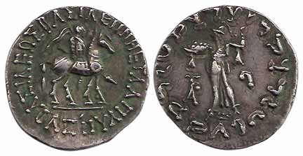 Indo-Scythians, Azes, Silver, Tetradrachm, king mounted on a horse to right with Greek leg