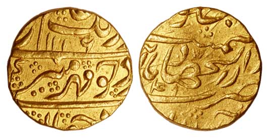 Aurangzeb, Gold, Mohur, Haiderabad, Dar-ul-Jihad Mint, AH 1116/49, mint name last line and