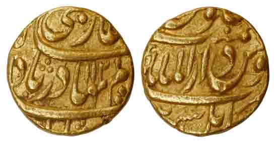 Shah Alam I, Gold, Mohur, Kabul, Dar-ul-Mulk Mint, AH 112x/2, mint epithet in second line 