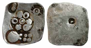 Punch-marked Coins, Magadha Janapada, Silver, 5.21 g, Series 0 type with six-armed as the 