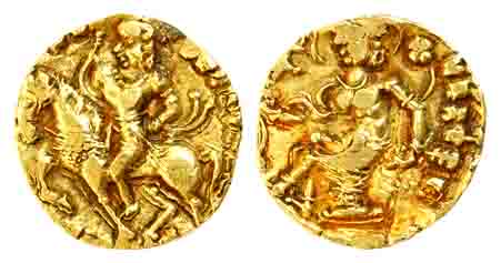 Guptas, Chandragupta II, Gold, Dinar, Horseman type, king mounted on horse to left and hol