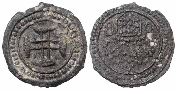 Damao &amp; Bassein, Tin, 10 Bazarucos, cross on obv, D / B and shield under a crown on re