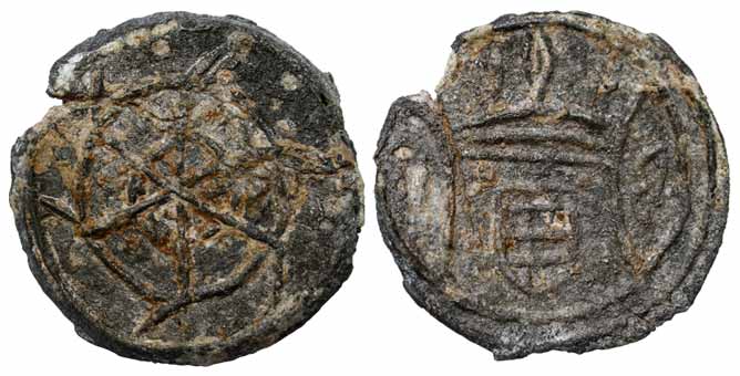 Damao &amp; Bassein, Tin, 10 Bazarucos, divided concentric circles on obv, D / B and shiel