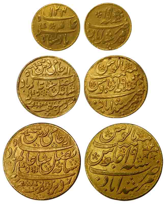 Murshidabad Mint, Gold (3), set of 3: Mohur, ½ and ¼ Mohur, in the name of Shah Alam II, 1