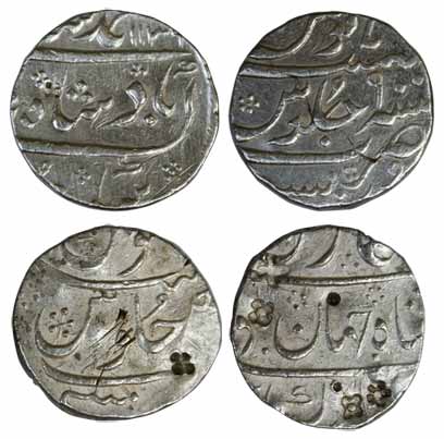 Mumbai Mint Silver (2), Rupee, in the name of Shah Jahan II and Muhammad Shah. About Very 
