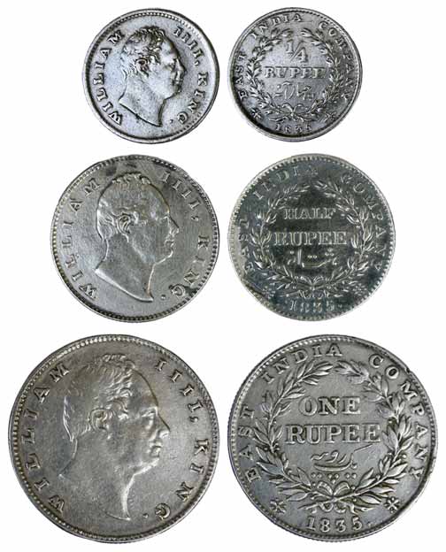 William IV, Silver (3), Set of 3: Rupee, ½ and ¼ Rupee, 1835, without initials on truncati