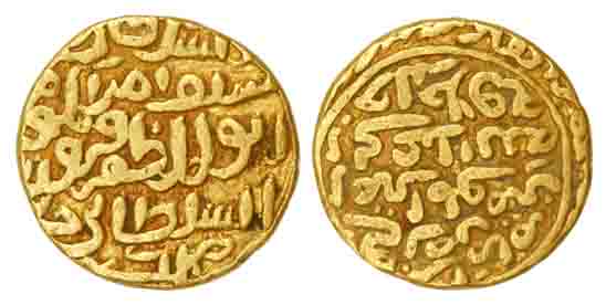Firuz Shah Tughlaq, Gold, Tanka, fi zaman type with the name of caliph Abu Abd Allah al-Mu
