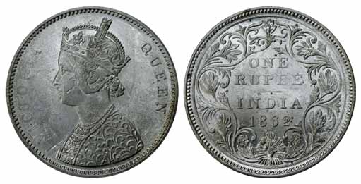 Victoria Queen, Silver, Rupee, 1862, Bombay Mint, 10 Dots below type. About Extremely Fine