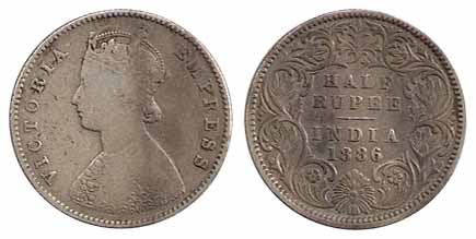Victoria Empress, Silver, ½ Rupee, 1886, Calcutta Mint. Fine+, Scarce.