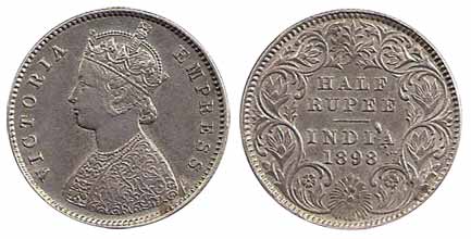 Victoria Empress, Silver, ½ Rupee, 1898, Calcutta Mint. About Very Fine, Rare.