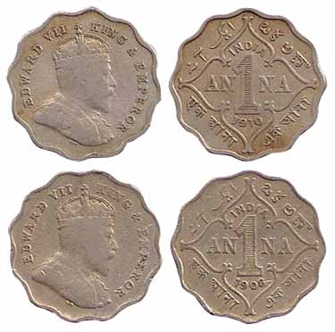 Edward VII, Nickel (4), 1 Anna, 1907, 1908, 1909 and 1910. Very Fine, Scarce. 4 coins