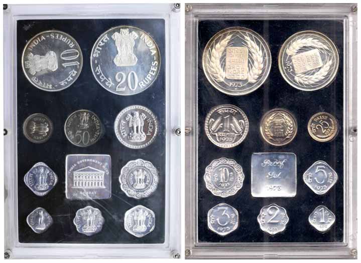 Proof Set, 1973, set of 10 coins, Bombay Mint, Grow More Food theme. With original packagi