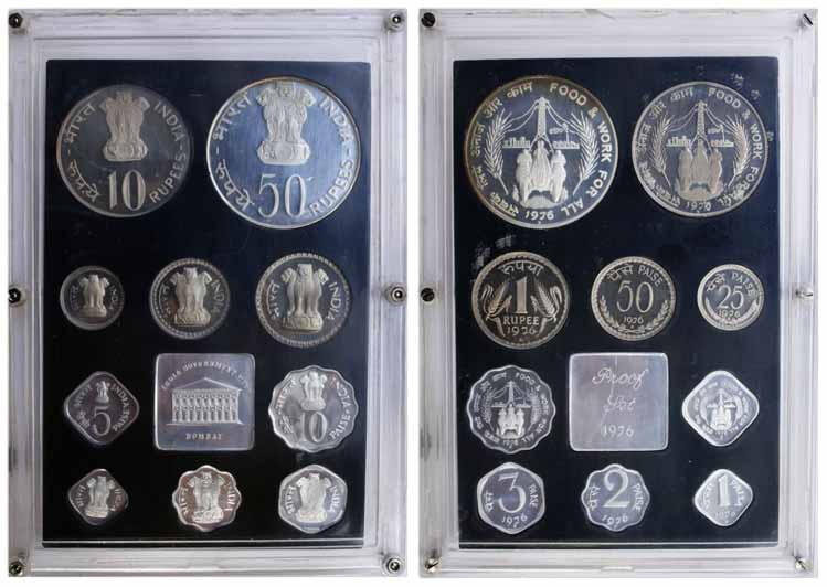Proof Set, 1976 , set of 10 coins, Bombay Mint, Food and Work For All theme. With original