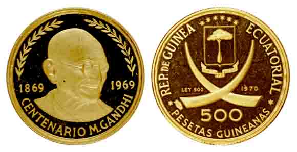 Equatorial Guinea, Gold, 7 g, 500 Pesetas, 1970, Centenary of Mahatma Gandhi Issue with th