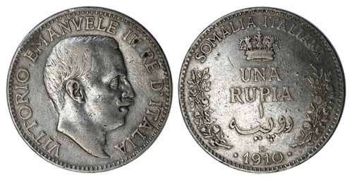 Italia Somalia, Silver, Una (1) Rupia, 1910 R. About Very Fine, Scarce.
