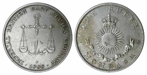Mombasa, Silver, Rupee, 1888 H. Straight milling. About Very Fine, Scarce.
