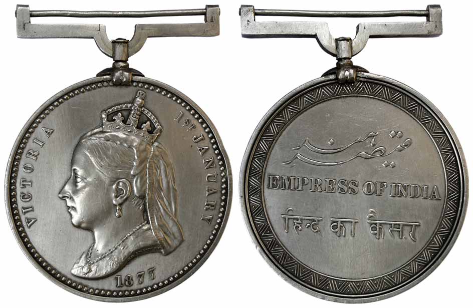 Victoria Empress, Silver, matured bust of the Empress to left, 1877 on obv, in three langu