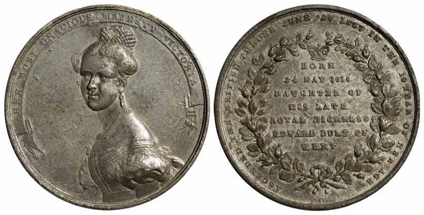 Victoria Medal, White Metal, Coronation medal, 1837, unusual portrait of the Queen to left