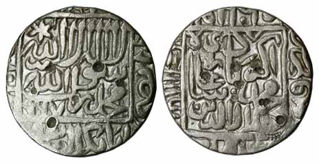 Akbar, Silver, Rupee, Qanauj Mint, Kalima type, AH 967, mint name at right margin on rev. 