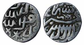 Akbar, Silver, Tanka, Malwa issue of Ujjain region, Kalima on obv, his name and title on r