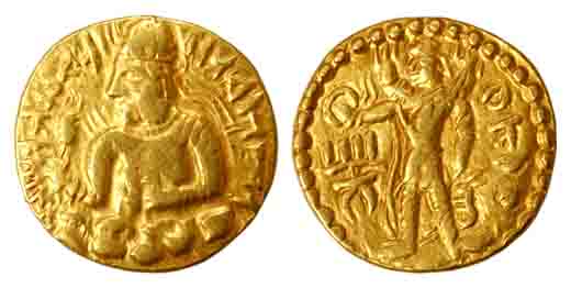 Kushans, Huvishka, Gold, Dinar, Osho type, king seated on clouds to left with circular leg