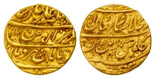 Alamgir II, Gold, Mohur, Shahjahanabad Mint, AH 1170/4, mihr wa mah couplet type, mint nam
