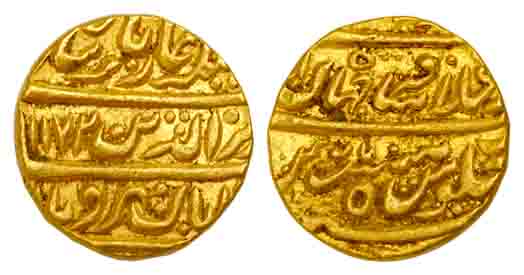 Alamgir II, Gold, Mohur, Shahjahanabad Mint, AH 1172/3, mihr wa mah couplet type, mint nam