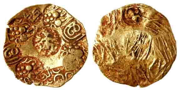 Chalukyas of Kalyan, Bijaldeva, Gold, Pagoda, a Garuda running to right in centre with a n