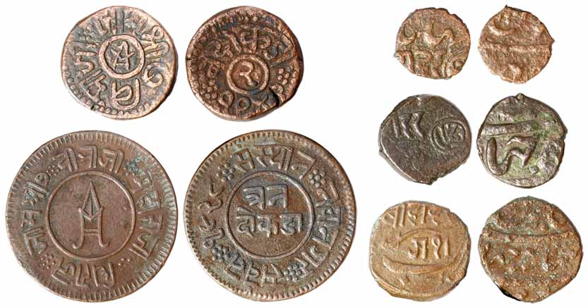 Bhavnagar, Copper (3), Dokdo, 7.10 &amp; 5.50 g, and Trambiyo, 1.70 g. Nawanagar, Copper (