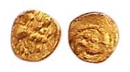 Kadambas, Gold, 0.12 g, ¼ Fanam, a lion with upraised leg to right on obv, a scroll on rev