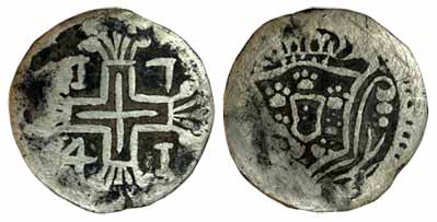 Diu, John V, Silver, Rupia (600 Reis), 1741, Cross and date on obv, arms on rev (KM 24). F