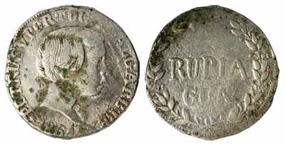 Goa, Pedro V, Silver, Rupia, 1861, bust on obv, denomination in wreath on rev (KM 279). Ve