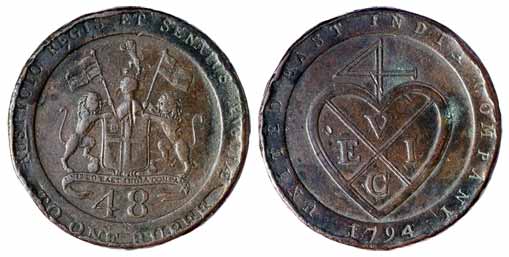 Copper, 1/48 Rupee or Dub, arms on obv and bale mark on rev (KM# 398). About Very Fine, Ra