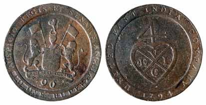 Copper, ½ Dub or 1/96-Rupee, 1794, Soho Mint, obv: UNITED EAST INDIA COMPANY written under