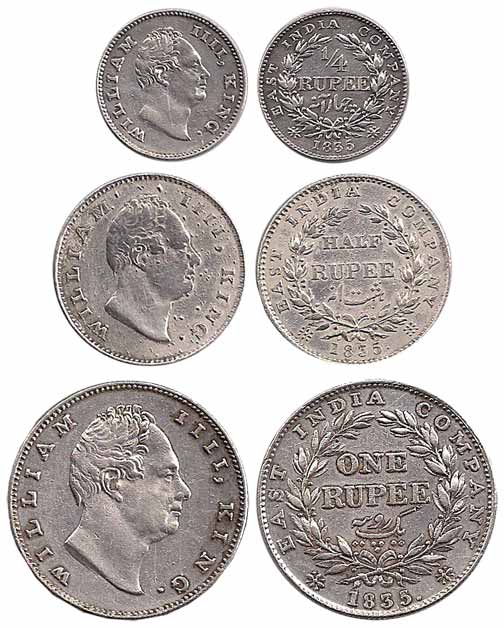 William IV, Silver (3), Set of 3 coins: Rupee, ½ and ¼ Rupee, 1835. First two are without 