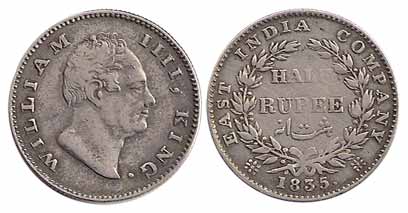 William IV, Silver, ½ Rupee, 1835, without initials on obv, 20 berries on rev, Bombay Mint