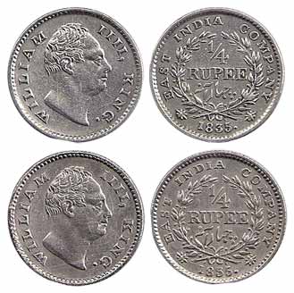 William IV, Silver (2), ¼ Rupee, 1835, F raised and Plain varieties. Very Fine, Rare. 2 co