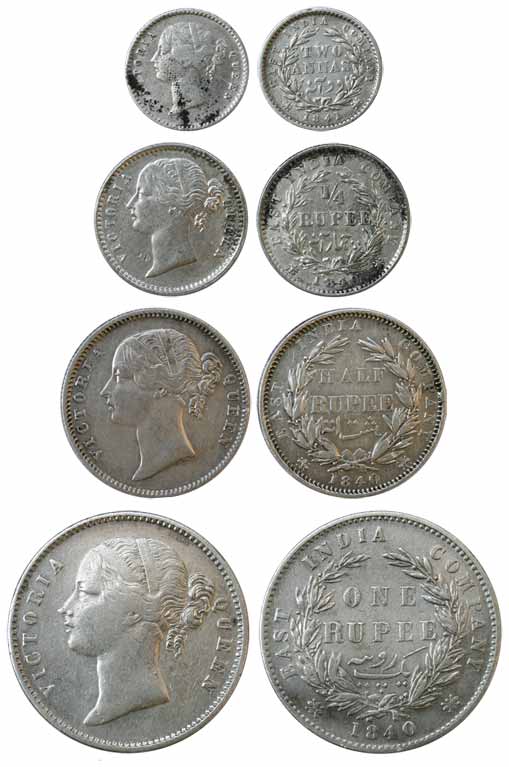 Victoria Queen, Silver (4), Set of 4: Rupee, ½, ¼ Rupee and 2 Annas, Divided legend type, 