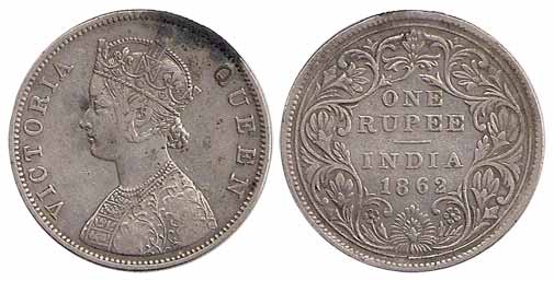Victoria Queen, Silver, Rupee, 1862, Obv B, rev II, 1 pineapple variety, Calcutta Mint (Pr