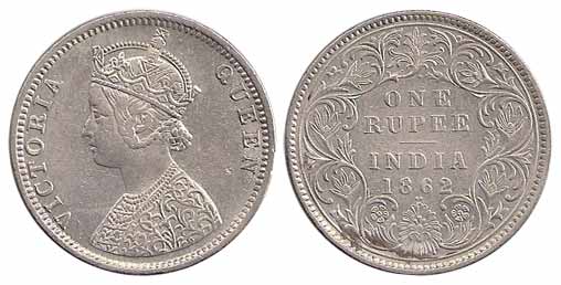 Victoria Queen, Silver, Rupee, 1862, Obv C1, rev I, 1 Dot above and 2 Dots below, Bombay M
