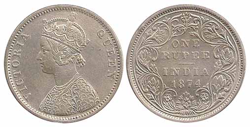 Victoria Queen, Silver, Rupee, 1874, Obv A2, rev II, No Dots, Bombay Mint (Prid 142). Abou