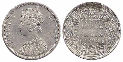 Victoria Queen, Silver, 1862 Rupee, Bombay Mint, 1/2 Dots for 12th Year of issue, Obv A wi
