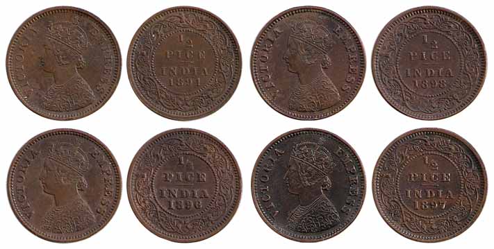 Victoria Queen, Copper (4), ½ Pice, 1894, 1896, 1897 and 1898, Calcutta Mint (Prid 727, 72