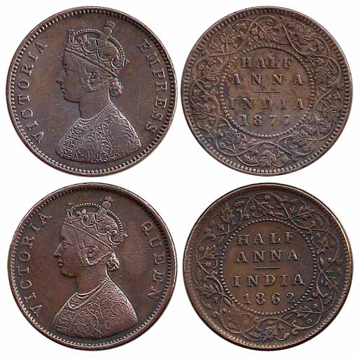 Victoria Queen, Copper (2), ½ Anna, 1862 and 1877. About Very Fine. 2 coins