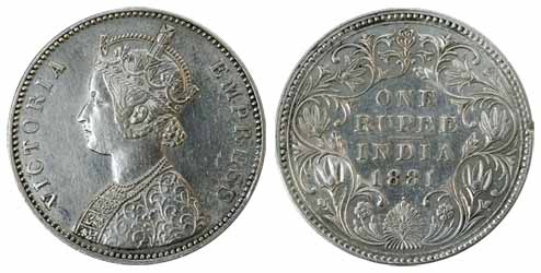 Victoria Empress, Silver, Rupee, 1881, Bombay Mint. Very Fine+, Rare.