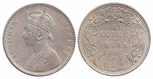 Victoria Empress, Silver, Rupee, 1892, Obv C2, rev I, B Raised for Bombay Mint (Prid 180).